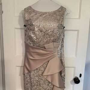 Eliza J Asymmetrical Sequin Lace Dress in Cream and Silver